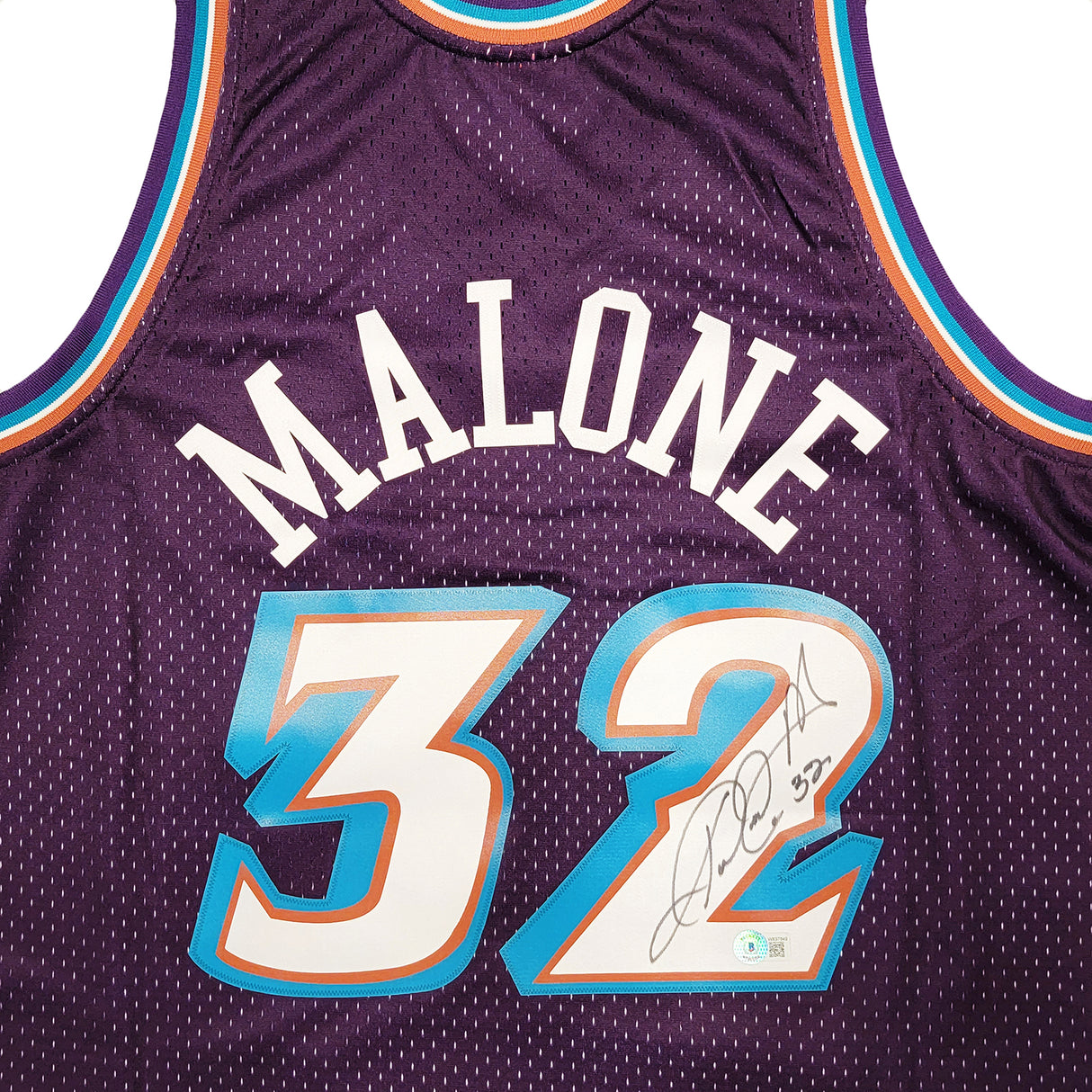Utah Jazz Karl Malone Autographed Purple & Teal Authentic Mitchell & Ness Jersey Size XL Beckett BAS Witness Stock #211883