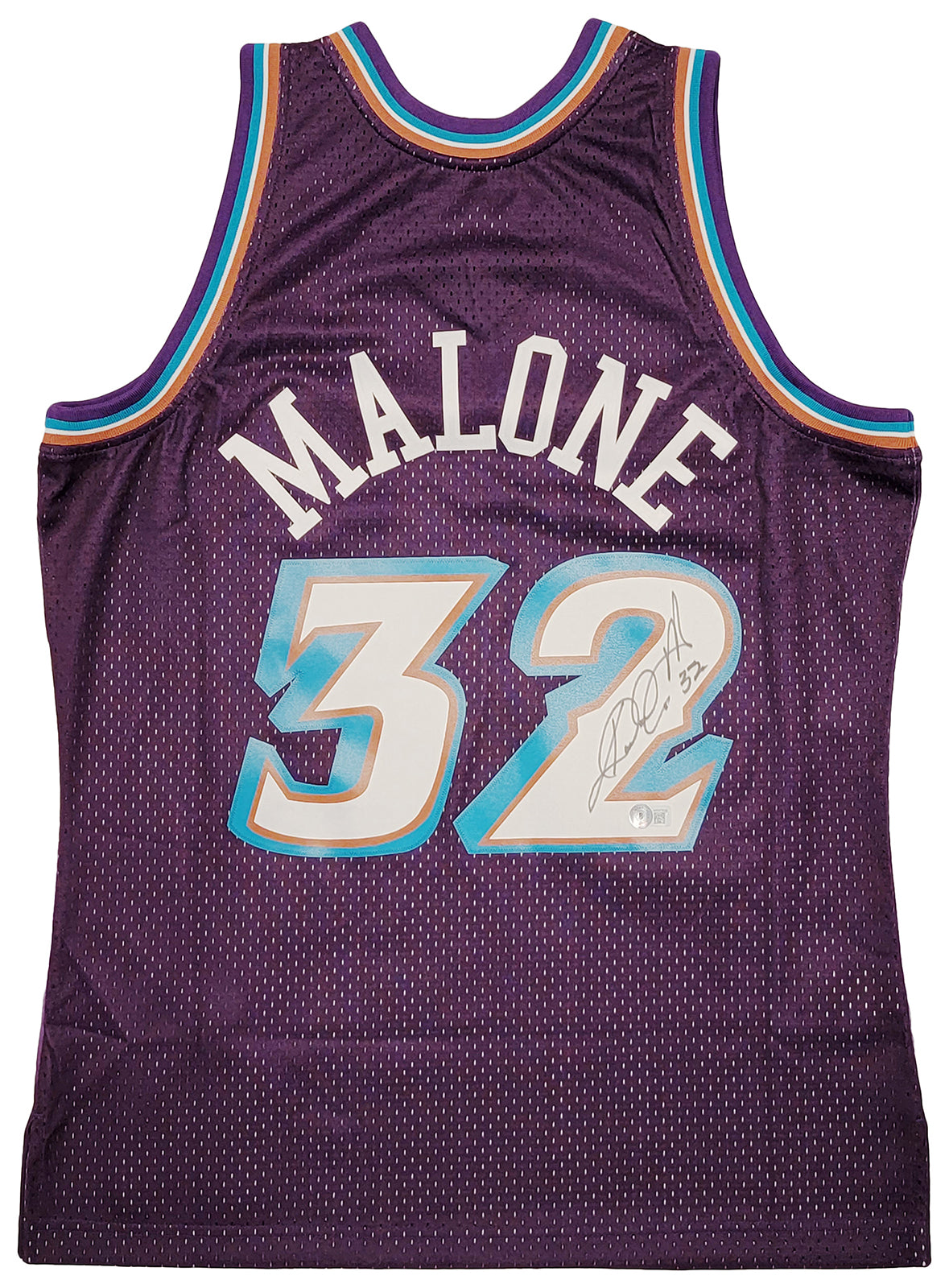 Utah Jazz Karl Malone Autographed Purple & Teal Authentic Mitchell & Ness Jersey Size L Beckett BAS Witness Stock #211884