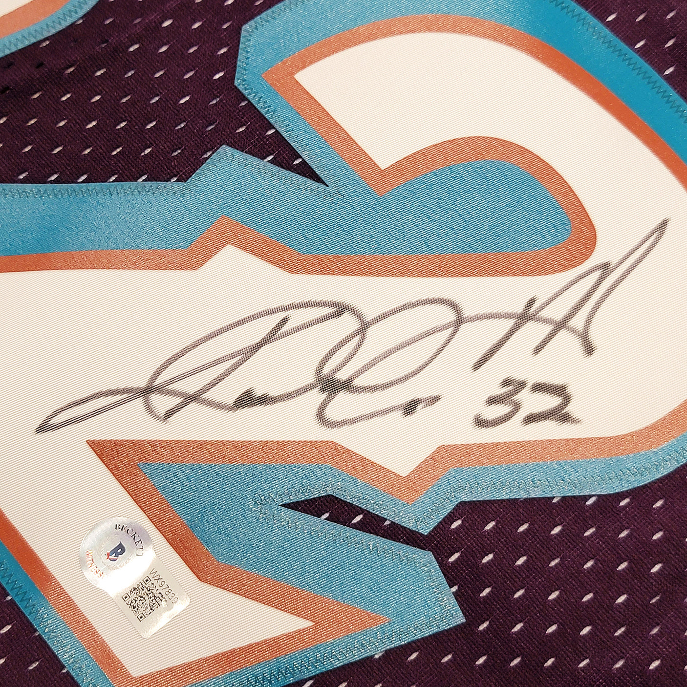 Utah Jazz Karl Malone Autographed Purple & Teal Authentic Mitchell & Ness Jersey Size L Beckett BAS Witness Stock #211884