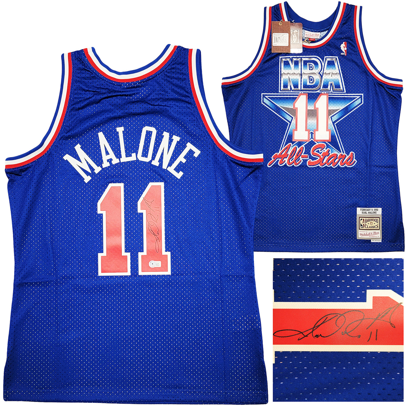 Utah Jazz Karl Malone Autographed Blue Authentic Mitchell & Ness 1992 All Star Game Jersey Size L Beckett BAS Witness Stock #211880