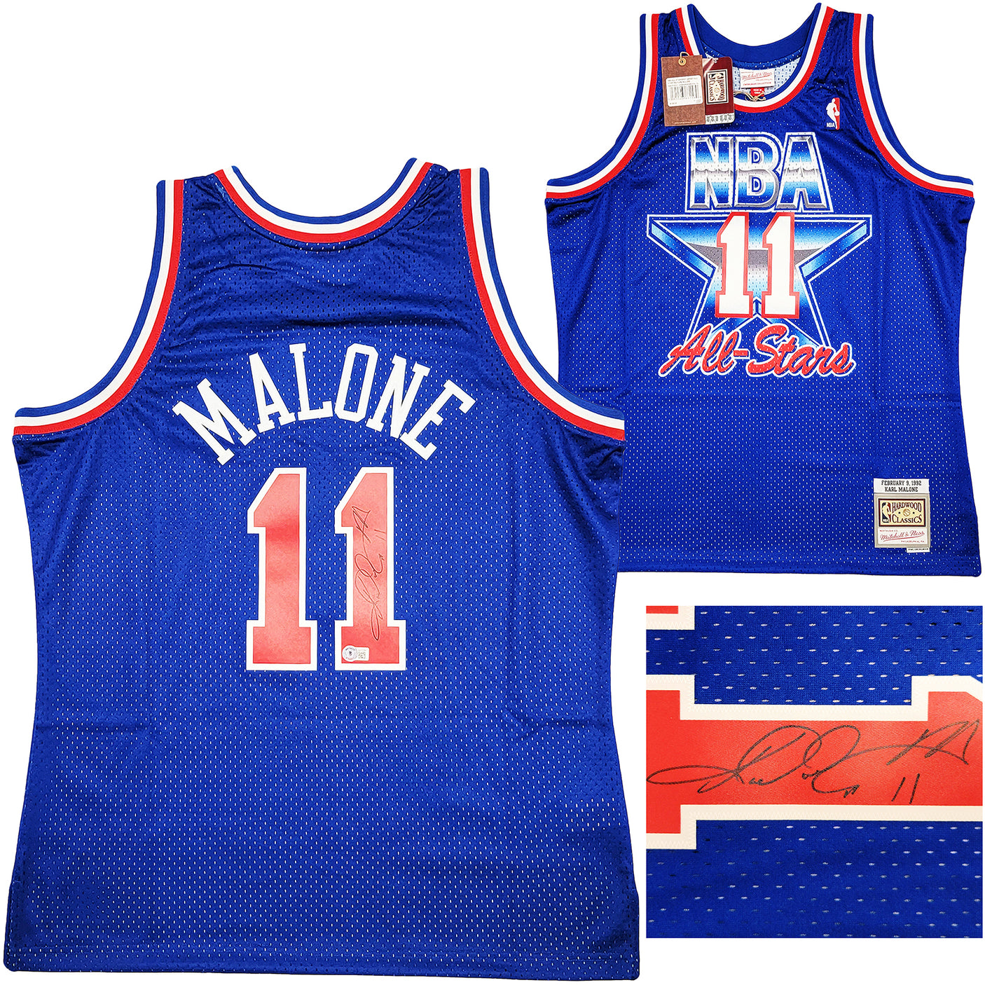 Utah Jazz Karl Malone Autographed Blue Authentic Mitchell & Ness 1992 All Star Game Jersey Size XL Beckett BAS Witness Stock #211879
