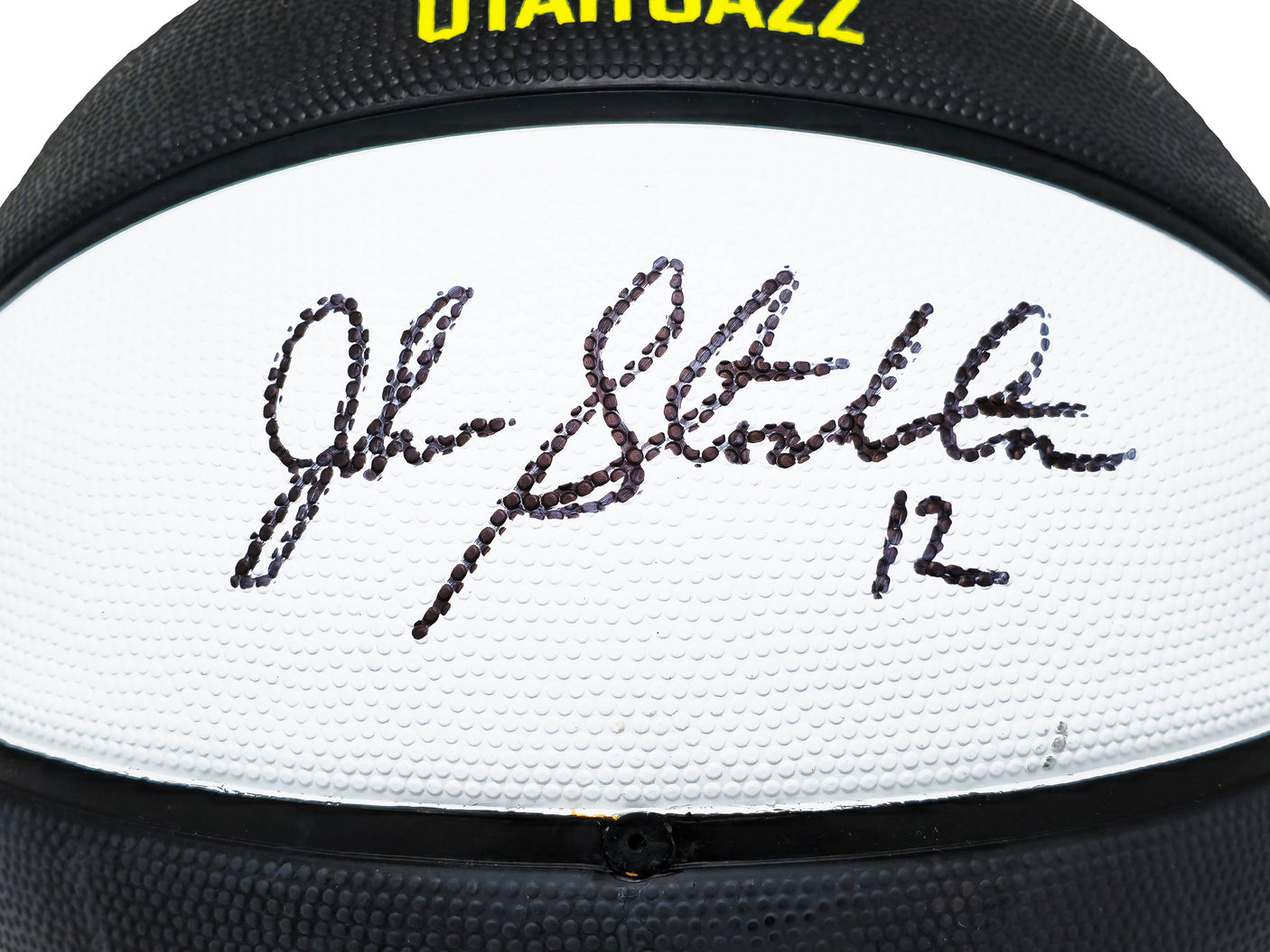 John Stockton Autographed Black & White Team Tribute Utah Jazz Logo Basketball Beckett BAS Witness Stock #224370