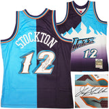 Utah Jazz John Stockton Autographed Blue & Purple Authentic Mitchell & Ness 1996-97 Hardwood Classic Swingman Split Jersey Size L Beckett BAS Witness Stock #224340