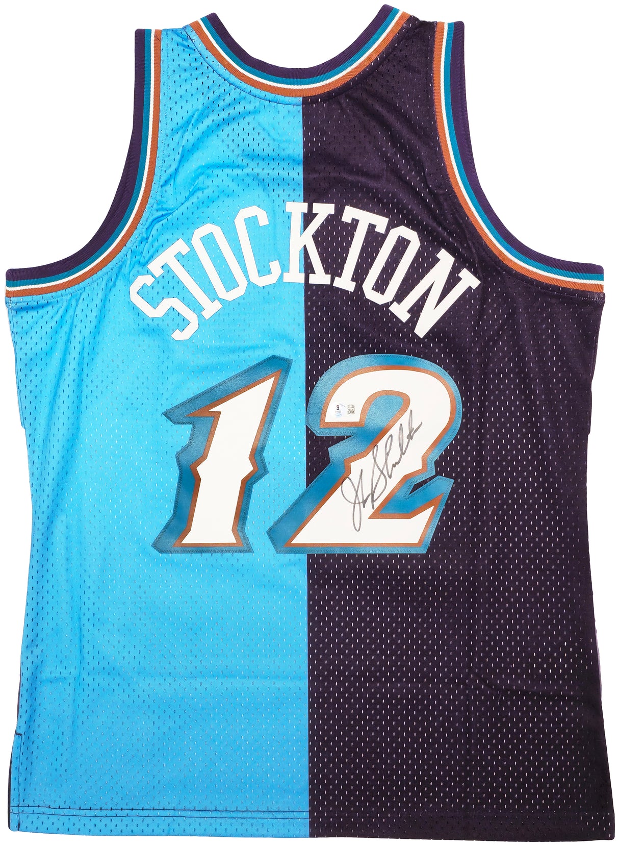 Utah Jazz John Stockton Autographed Blue & Purple Authentic Mitchell & Ness 1996-97 Hardwood Classic Swingman Split Jersey Size L Beckett BAS Witness Stock #224340