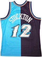 Utah Jazz John Stockton Autographed Blue & Purple Authentic Mitchell & Ness 1996-97 Hardwood Classic Swingman Split Jersey Size L Beckett BAS Witness Stock #224340