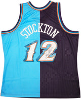 Utah Jazz John Stockton Autographed Blue & Purple Authentic Mitchell & Ness 1996-97 Hardwood Classic Swingman Split Jersey Size XXL Beckett BAS Witness Stock #224342
