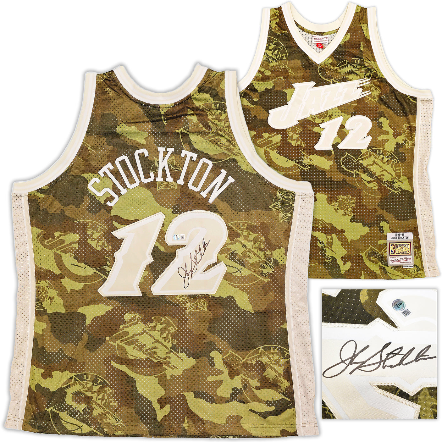 Utah Jazz John Stockton Autographed Green Authentic Mitchell & Ness 1998-99 Hardwood Classic Swingman Ghost Camo Jersey Size XXL Beckett BAS Witness Stock #224350