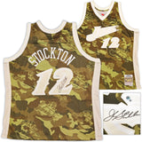 Utah Jazz John Stockton Autographed Green Authentic Mitchell & Ness 1998-99 Hardwood Classic Swingman Ghost Camo Jersey Size XXL Beckett BAS Witness Stock #224350