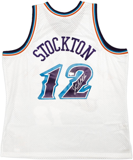 Utah Jazz John Stockton Autographed White Authentic Mitchell & Ness 1996-97 Hardwood Classic Swingman Jersey Size XXL Beckett BAS Witness Stock #224353