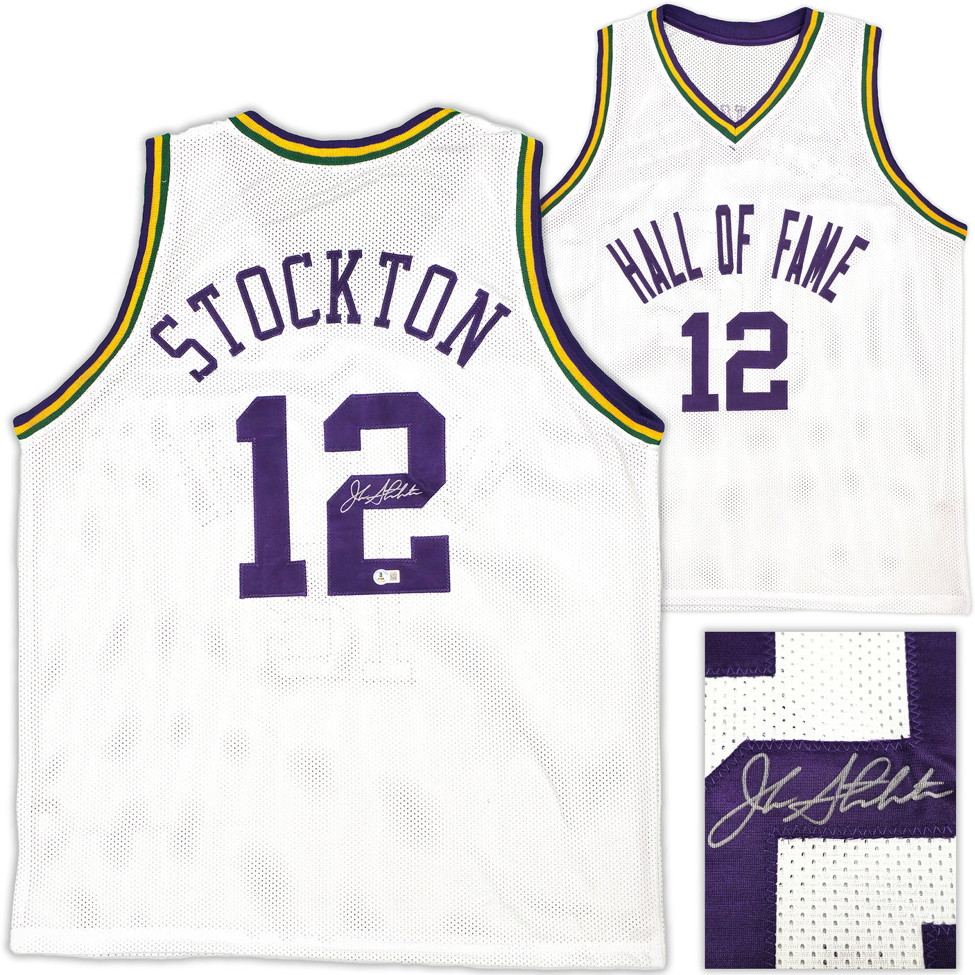 Utah Jazz John Stockton Autographed White Jersey Beckett BAS Witness Stock #224359