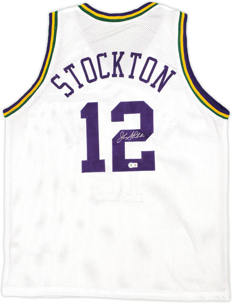 Utah Jazz John Stockton Autographed White Jersey Beckett BAS Witness Stock #224359