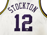 Utah Jazz John Stockton Autographed White Jersey Beckett BAS Witness Stock #224359