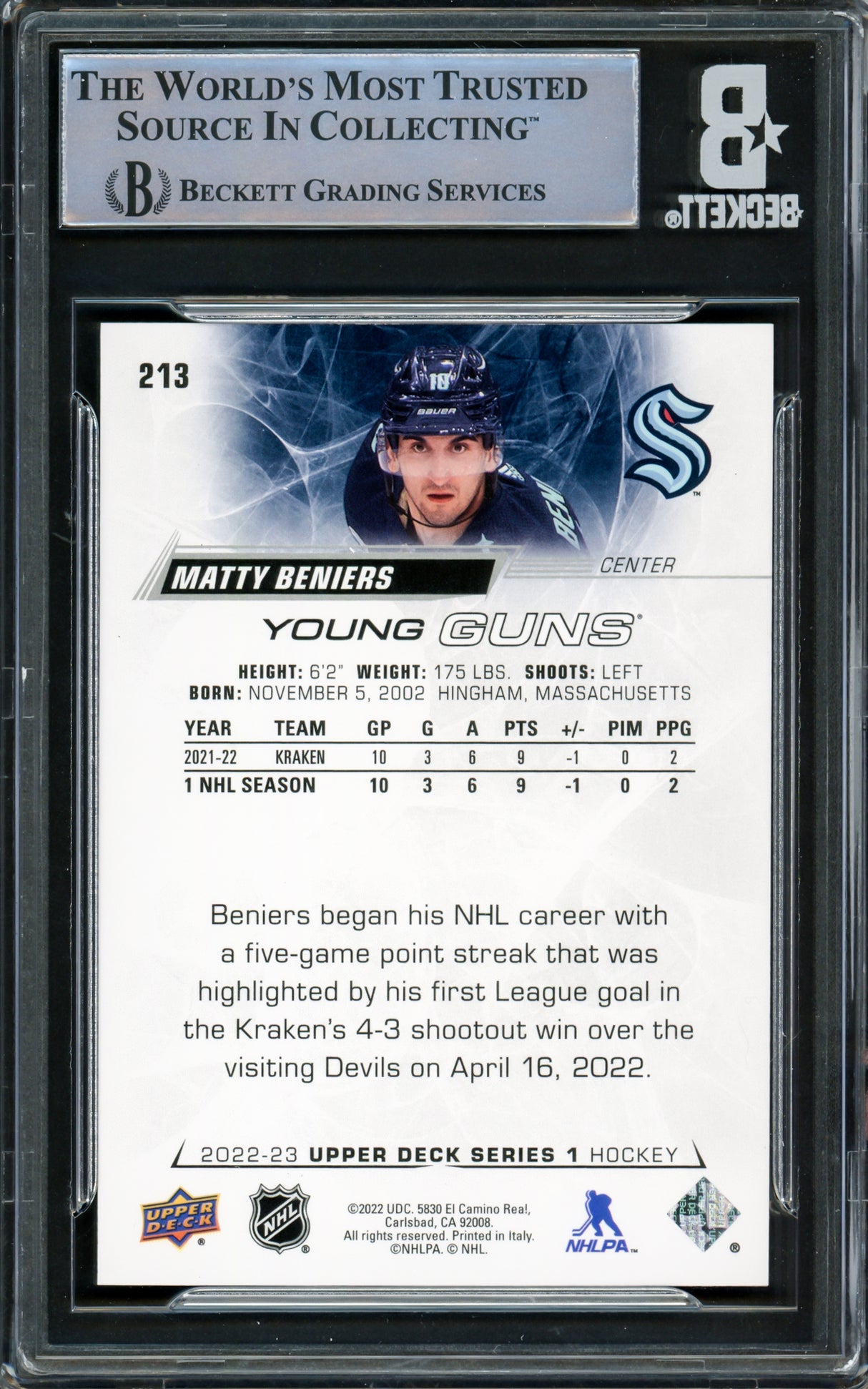 Matty Beniers Autographed 2022 Upper Deck Young Guns Rookie Card #213 Seattle Kraken Beckett BAS Stock #224670