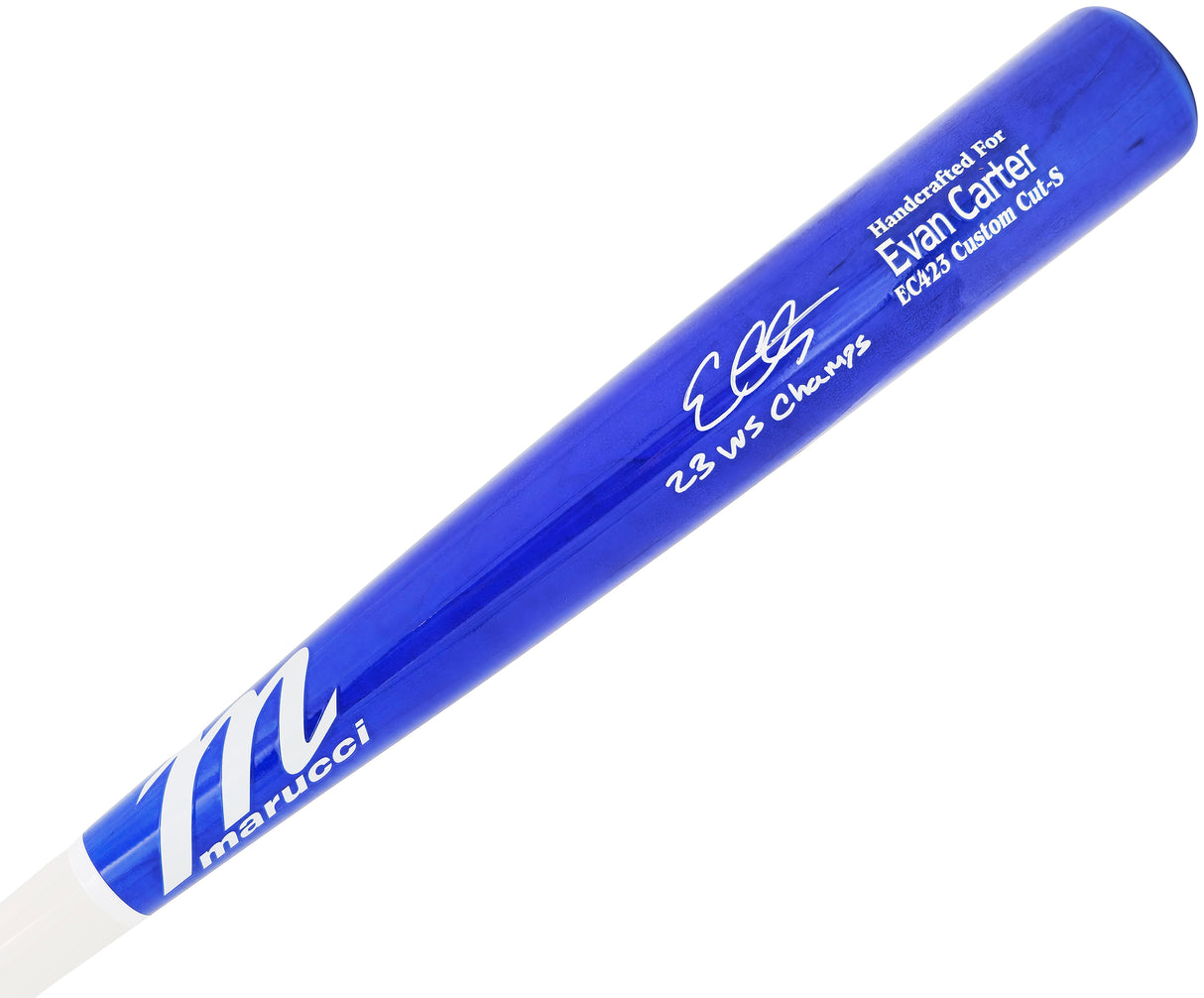 Evan Carter Autographed Blue & White Marucci Player Model Baseball Bat Texas Rangers "23 WS Champs" Beckett BAS Witness Stock #224408