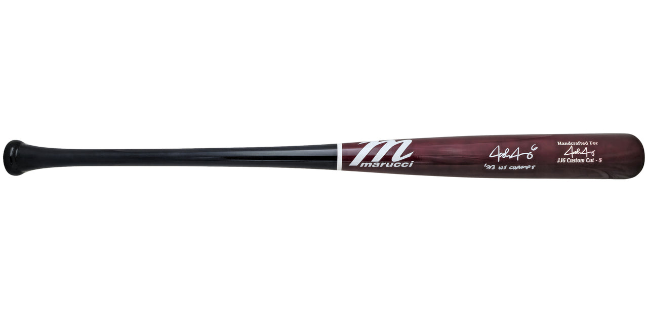 Josh Jung Autographed Maroon & Navy Marucci Player Model Baseball Bat Texas Rangers "23 WS Champs" Beckett BAS Witness Stock #224406