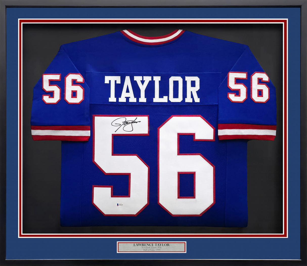 New York Giants Lawrence Taylor Autographed Framed Blue Jersey Beckett BAS Witness Stock #239065