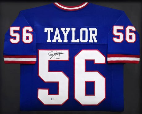New York Giants Lawrence Taylor Autographed Framed Blue Jersey Beckett BAS Witness Stock #239065
