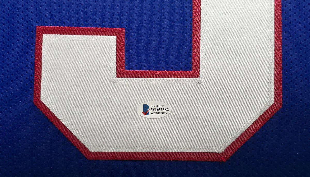 New York Giants Lawrence Taylor Autographed Framed Blue Jersey Beckett BAS Witness Stock #268093