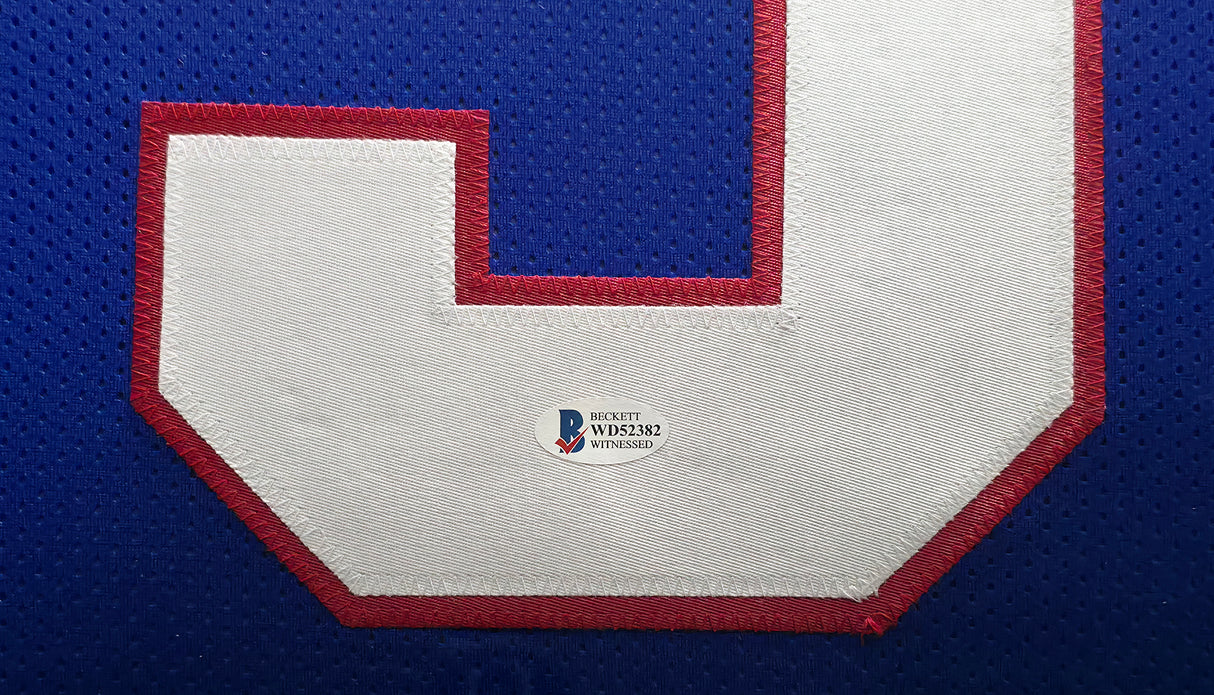 New York Giants Lawrence Taylor Autographed Framed Blue Jersey Beckett BAS Witness Stock #239065