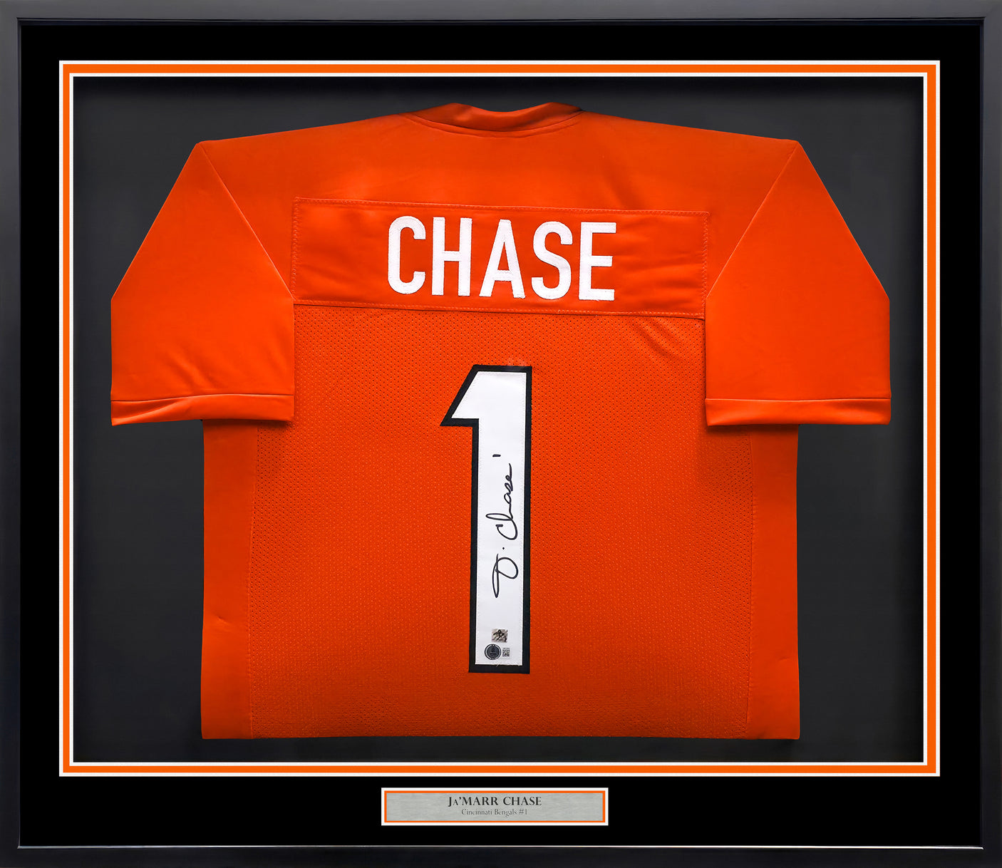 Cincinnati Bengals Ja'Marr Chase Autographed Framed Orange Jersey Beckett BAS Witness Stock #239062
