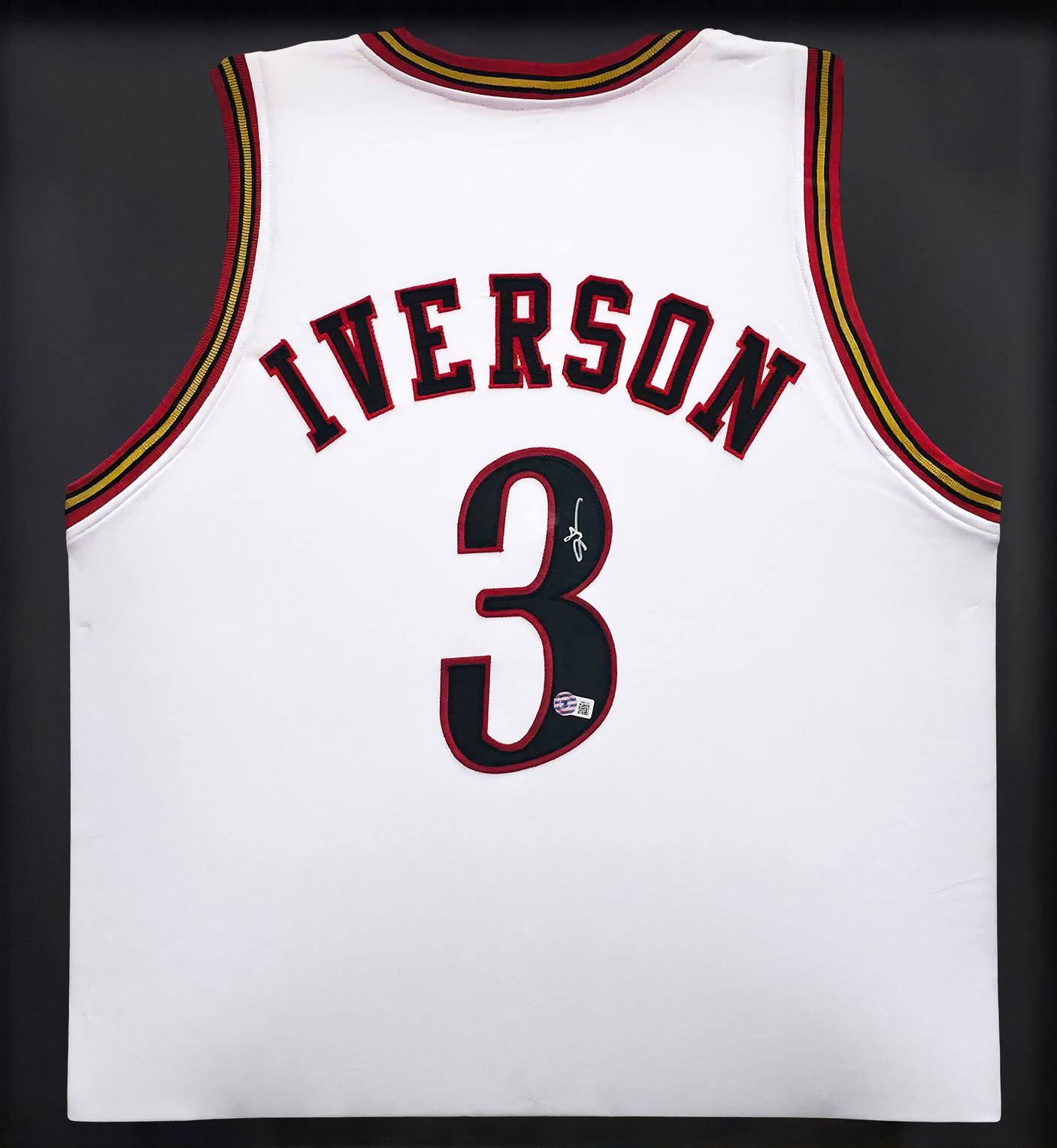 Philadelphia 76ers Allen Iverson Autographed Framed White Jersey Beckett BAS Witness Stock #239068