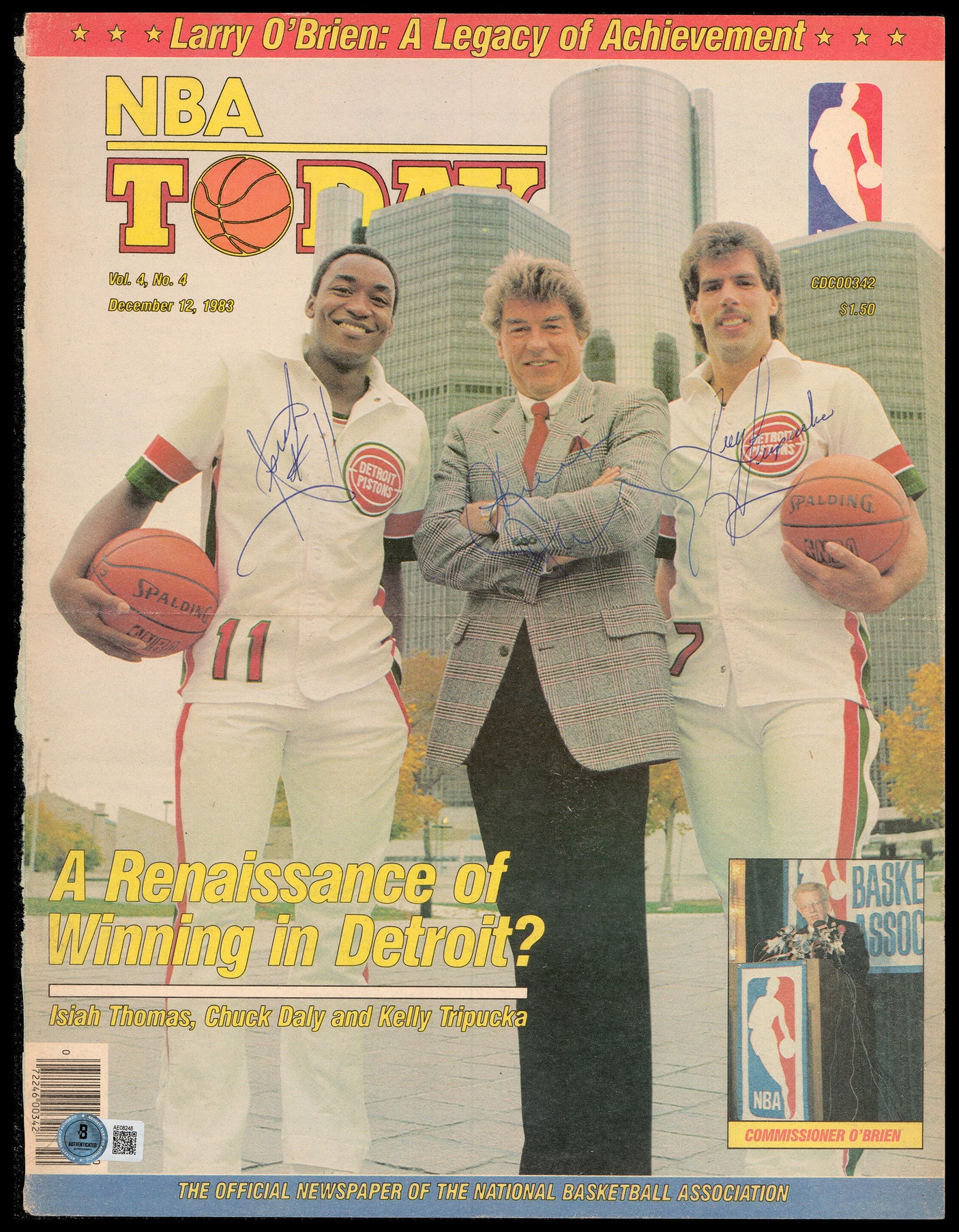 Chuck Daly, Isiah Thomas & Kelly Tripucka Autographed 11x14 NBA Today Magazine Page Photo Detroit Pistons Beckett BAS #AE08248