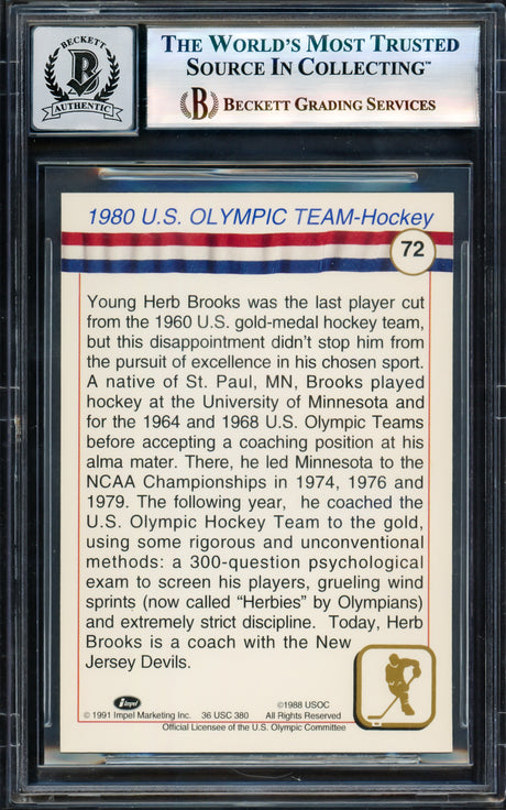 Herb Brooks Autographed 1991 Impel Card #72 1980 Team USA Miracle on Ice Auto Grade Gem Mint 10 Beckett BAS #17603723
