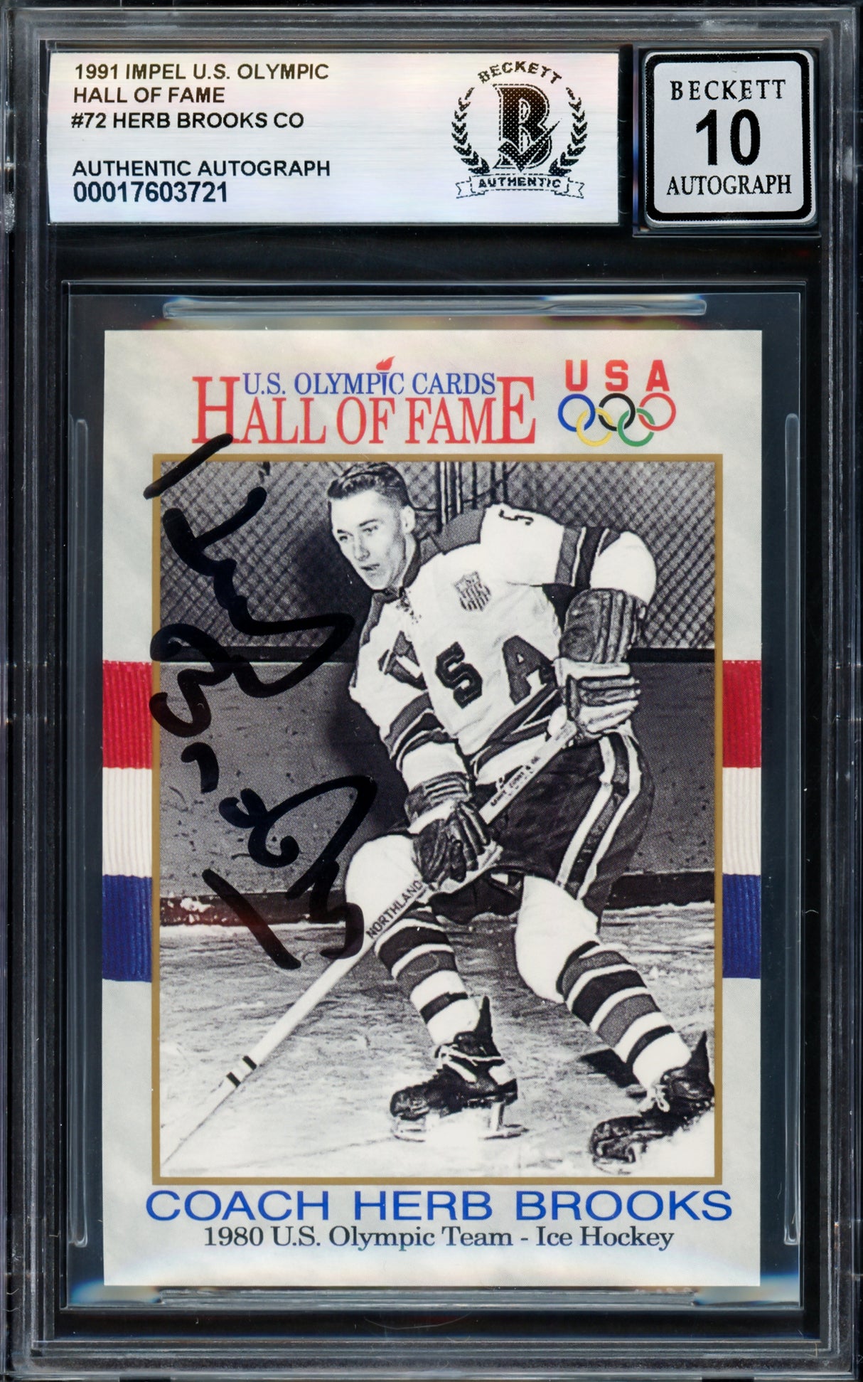 Herb Brooks Autographed 1991 Impel Card #72 1980 Team USA Miracle on Ice Auto Grade Gem Mint 10 Beckett BAS #17603721