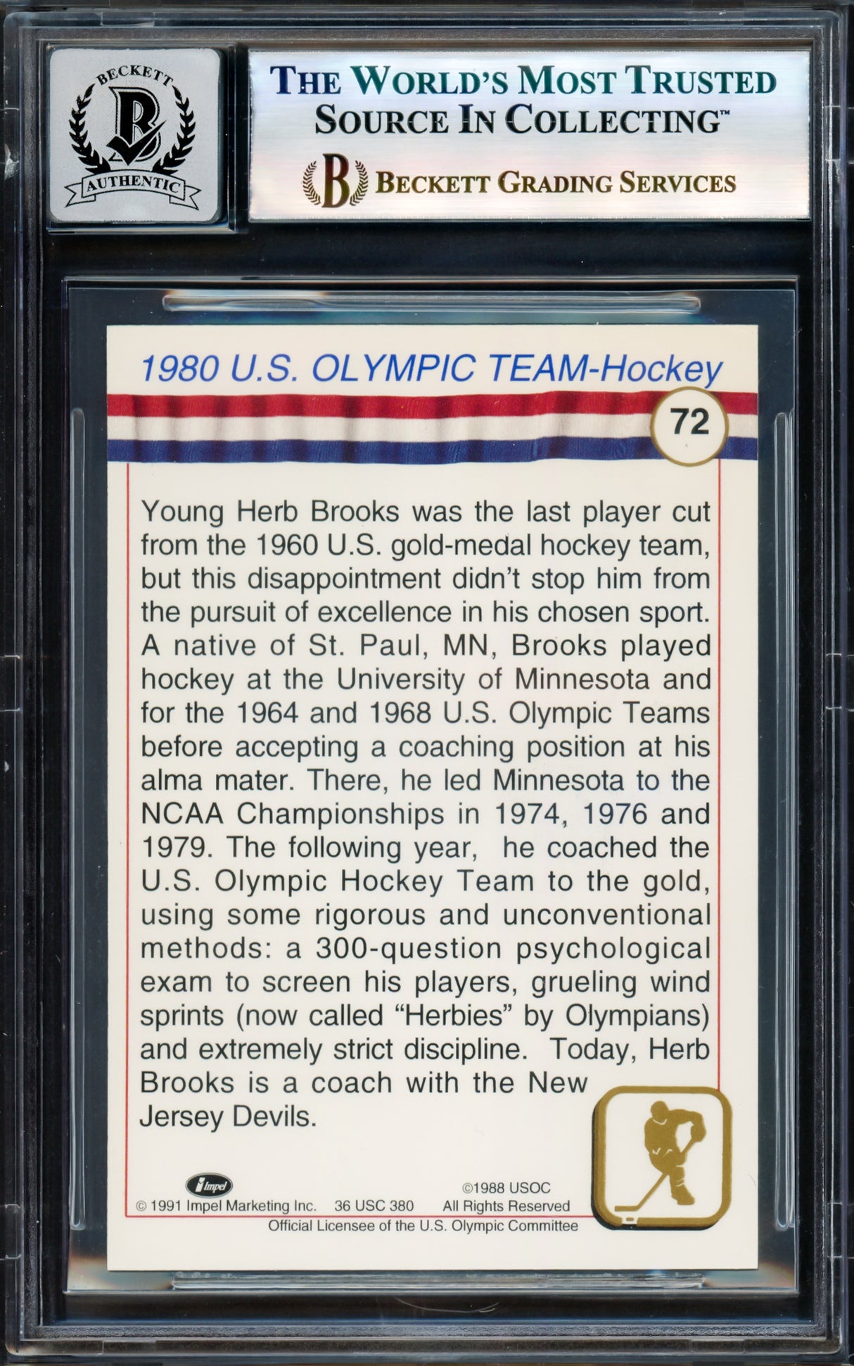 Herb Brooks Autographed 1991 Impel Card #72 1980 Team USA Miracle on Ice Auto Grade Gem Mint 10 Beckett BAS #17603721