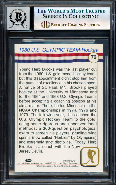 Herb Brooks Autographed 1991 Impel Card #72 1980 Team USA Miracle on Ice Auto Grade Gem Mint 10 Beckett BAS #17603721