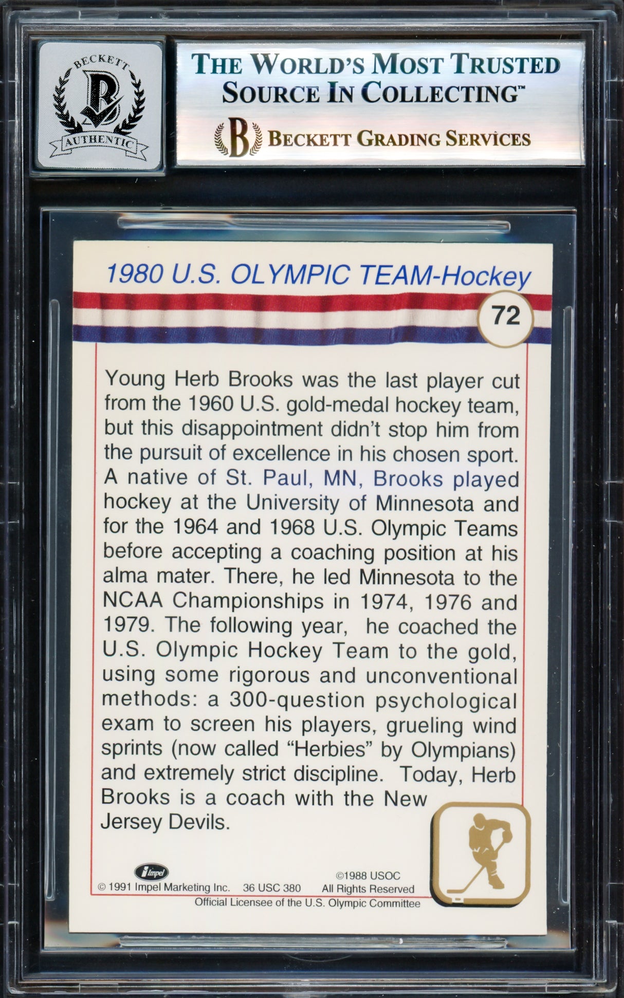Herb Brooks Autographed 1991 Impel Card #72 1980 Team USA Miracle on Ice Auto Grade Gem Mint 10 Beckett BAS #17603720