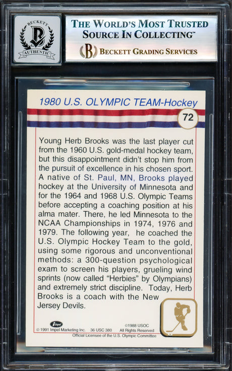 Herb Brooks Autographed 1991 Impel Card #72 1980 Team USA Miracle on Ice Auto Grade Gem Mint 10 Beckett BAS #17603720