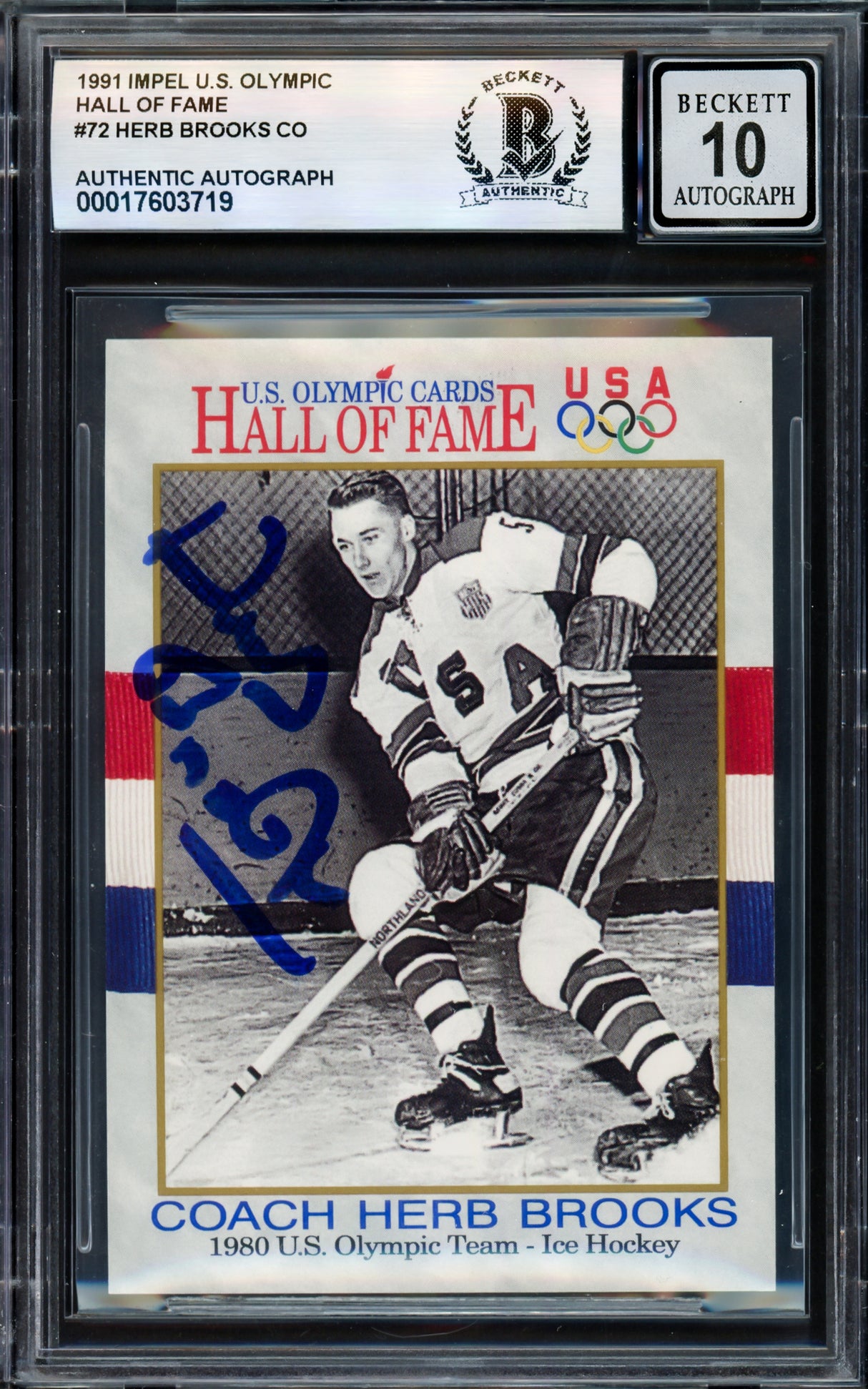 Herb Brooks Autographed 1991 Impel Card #72 1980 Team USA Miracle on Ice Auto Grade Gem Mint 10 Beckett BAS #17603719