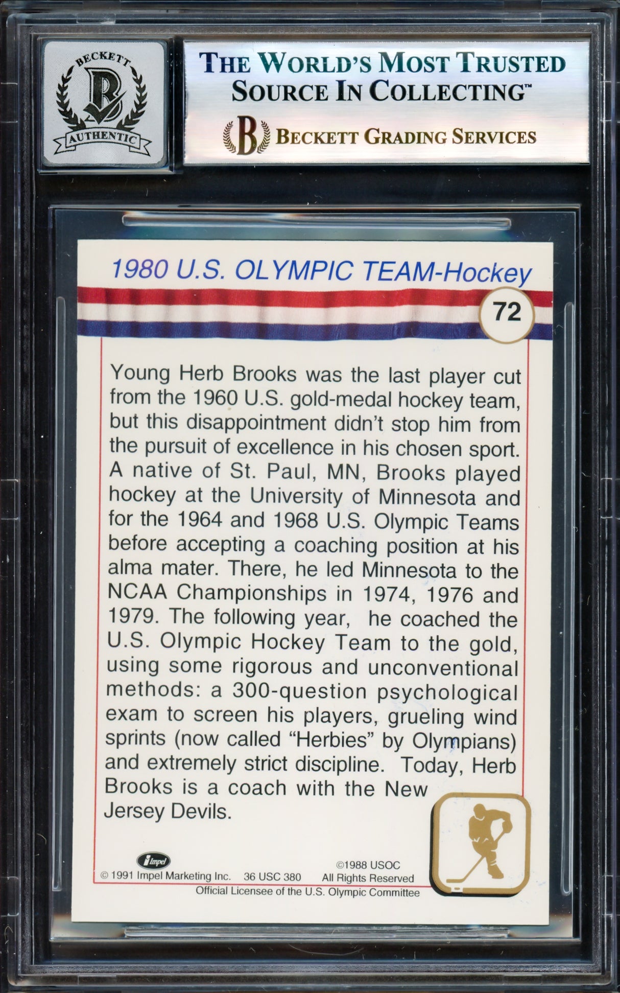 Herb Brooks Autographed 1991 Impel Card #72 1980 Team USA Miracle on Ice Auto Grade Gem Mint 10 Beckett BAS #17603719