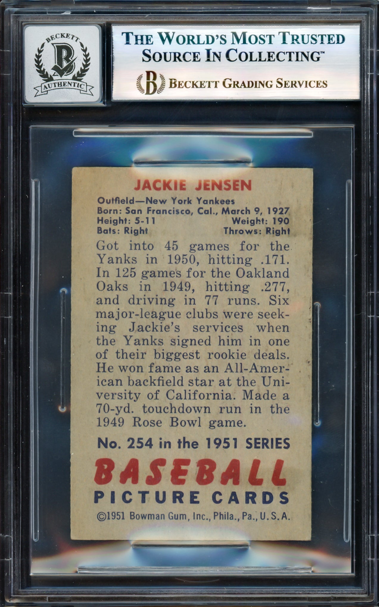 Jackie Jensen Autographed 1951 Bowman Rookie Card #254 New York Yankees Auto Grade Gem Mint 10 Beckett BAS #17605877