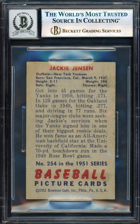 Jackie Jensen Autographed 1951 Bowman Rookie Card #254 New York Yankees Auto Grade Gem Mint 10 Beckett BAS #17605877