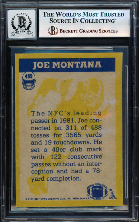 Joe Montana Autographed 1982 Topps Card #489 San Francisco 49ers Auto Grade Gem Mint 10 Beckett BAS #17603893