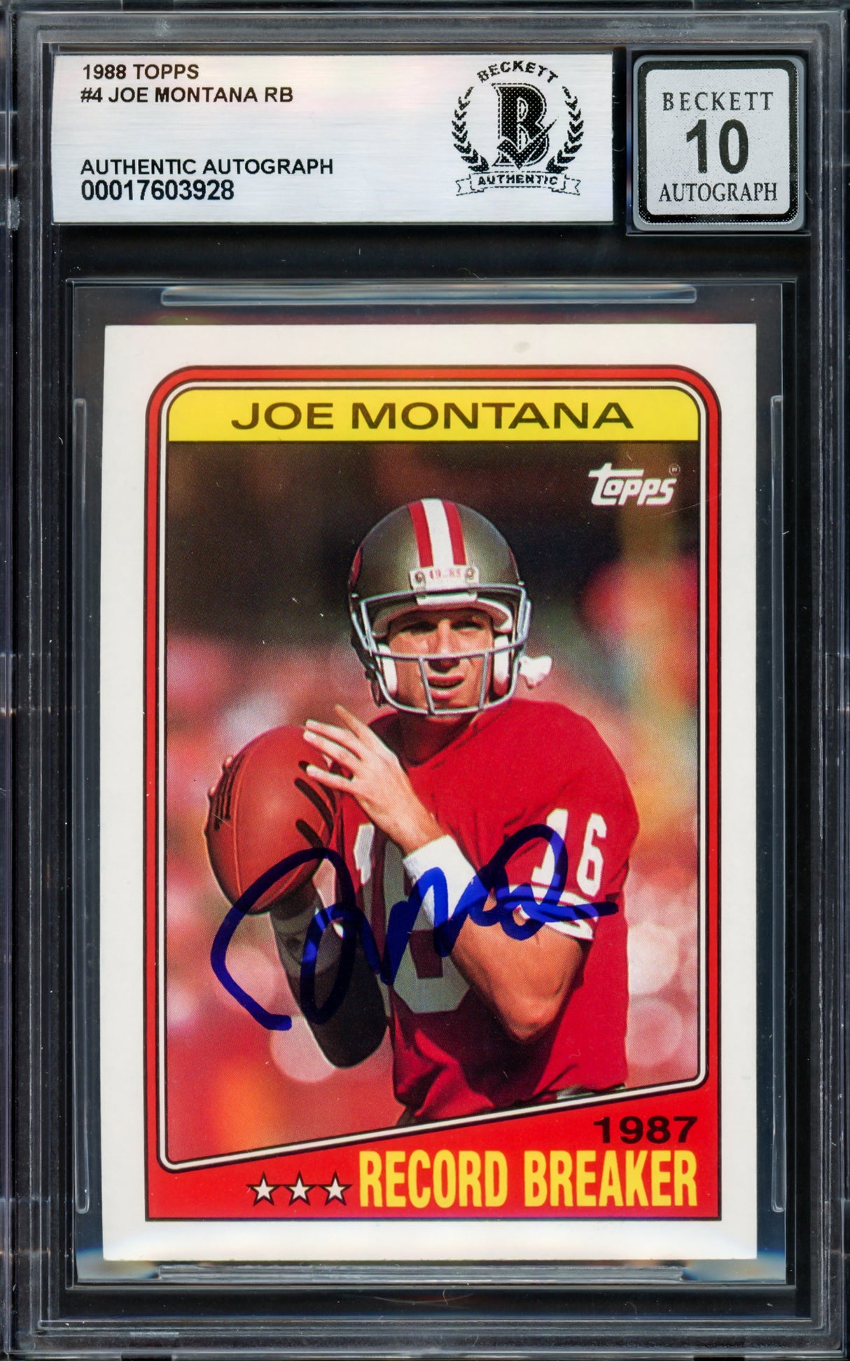 Joe Montana Autographed 1988 Topps Card #4 San Francisco 49ers Auto Grade Gem Mint 10 Beckett BAS #17603928