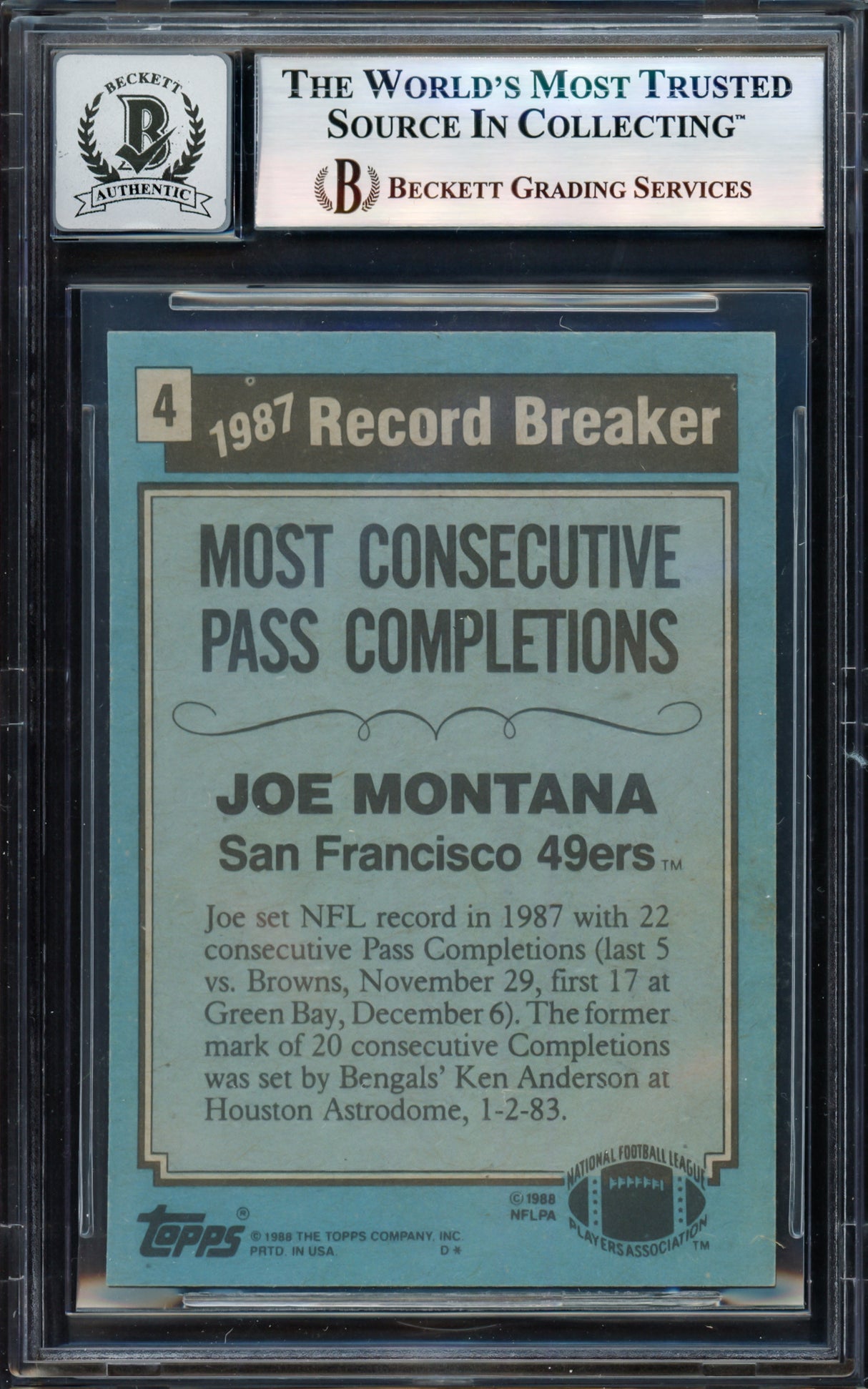 Joe Montana Autographed 1988 Topps Card #4 San Francisco 49ers Auto Grade Gem Mint 10 Beckett BAS #17603928