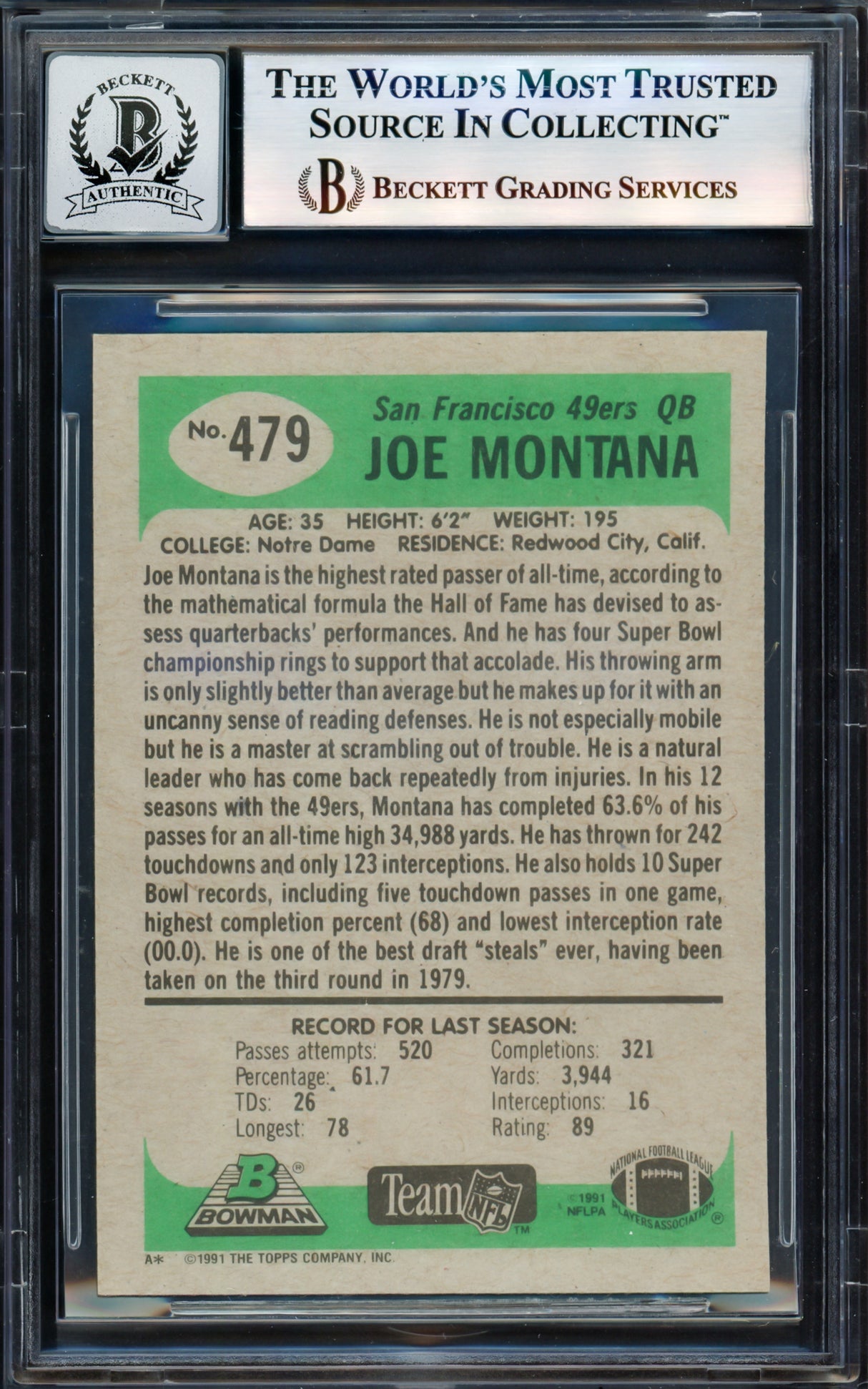Joe Montana Autographed 1991 Bowman Card #479 San Francisco 49ers Auto Grade Gem Mint 10 Beckett BAS #17604068