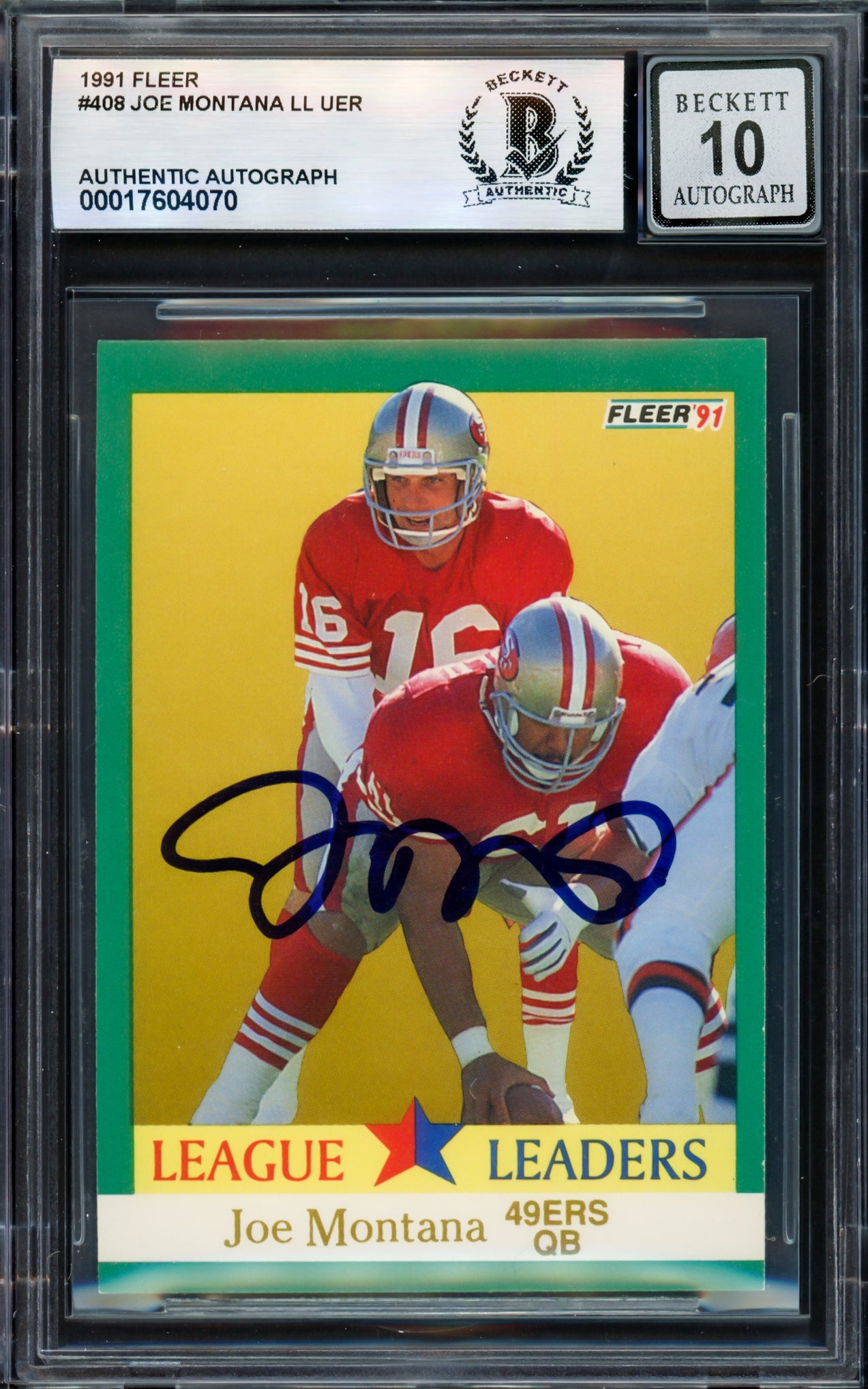 Joe Montana Autographed 1991 Fleer Card #408 San Francisco 49ers Auto Grade Gem Mint 10 Beckett BAS #17604070