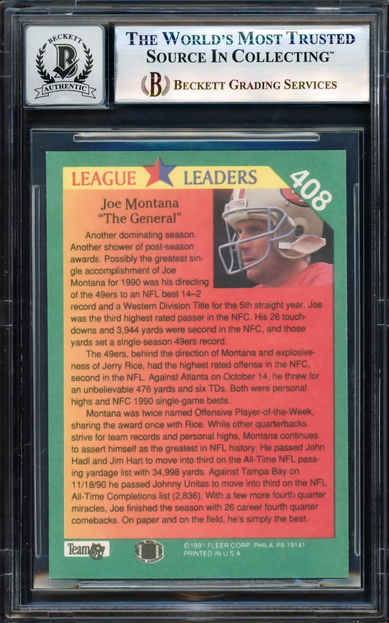 Joe Montana Autographed 1991 Fleer Card #408 San Francisco 49ers Auto Grade Gem Mint 10 Beckett BAS #17604070