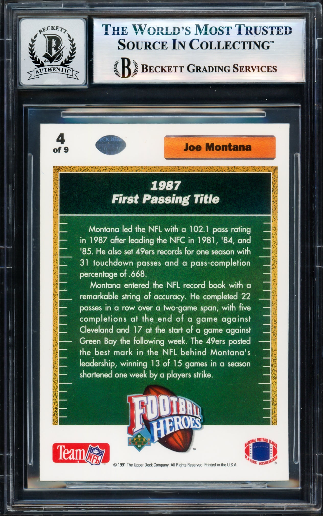 Joe Montana Autographed 1991 Upper Deck Heroes Card #4 San Francisco 49ers Auto Grade Gem Mint 10 Beckett BAS #17604089