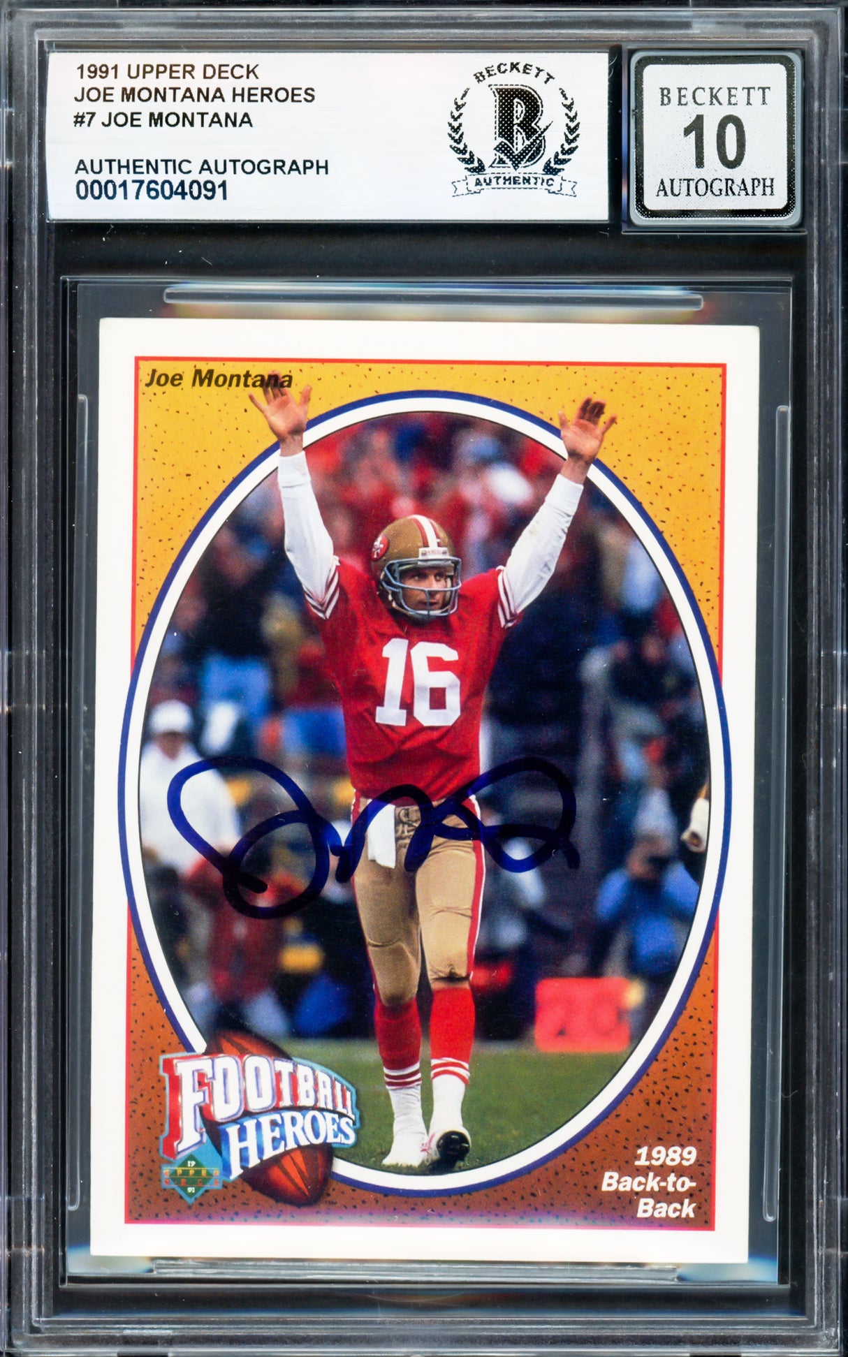 Joe Montana Autographed 1991 Upper Deck Heroes Card #7 San Francisco 49ers Auto Grade Gem Mint 10 Beckett BAS #17604091