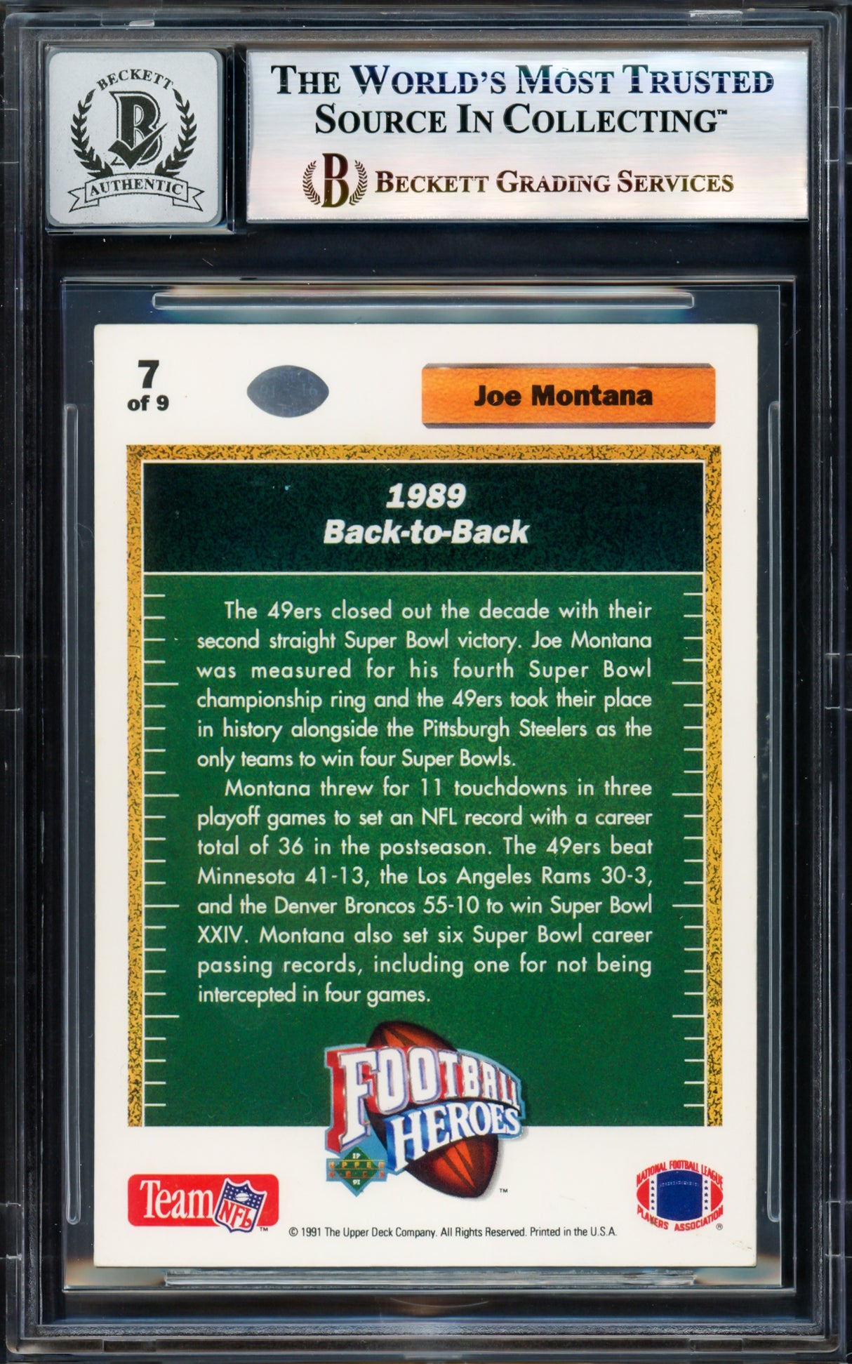 Joe Montana Autographed 1991 Upper Deck Heroes Card #7 San Francisco 49ers Auto Grade Gem Mint 10 Beckett BAS #17604091