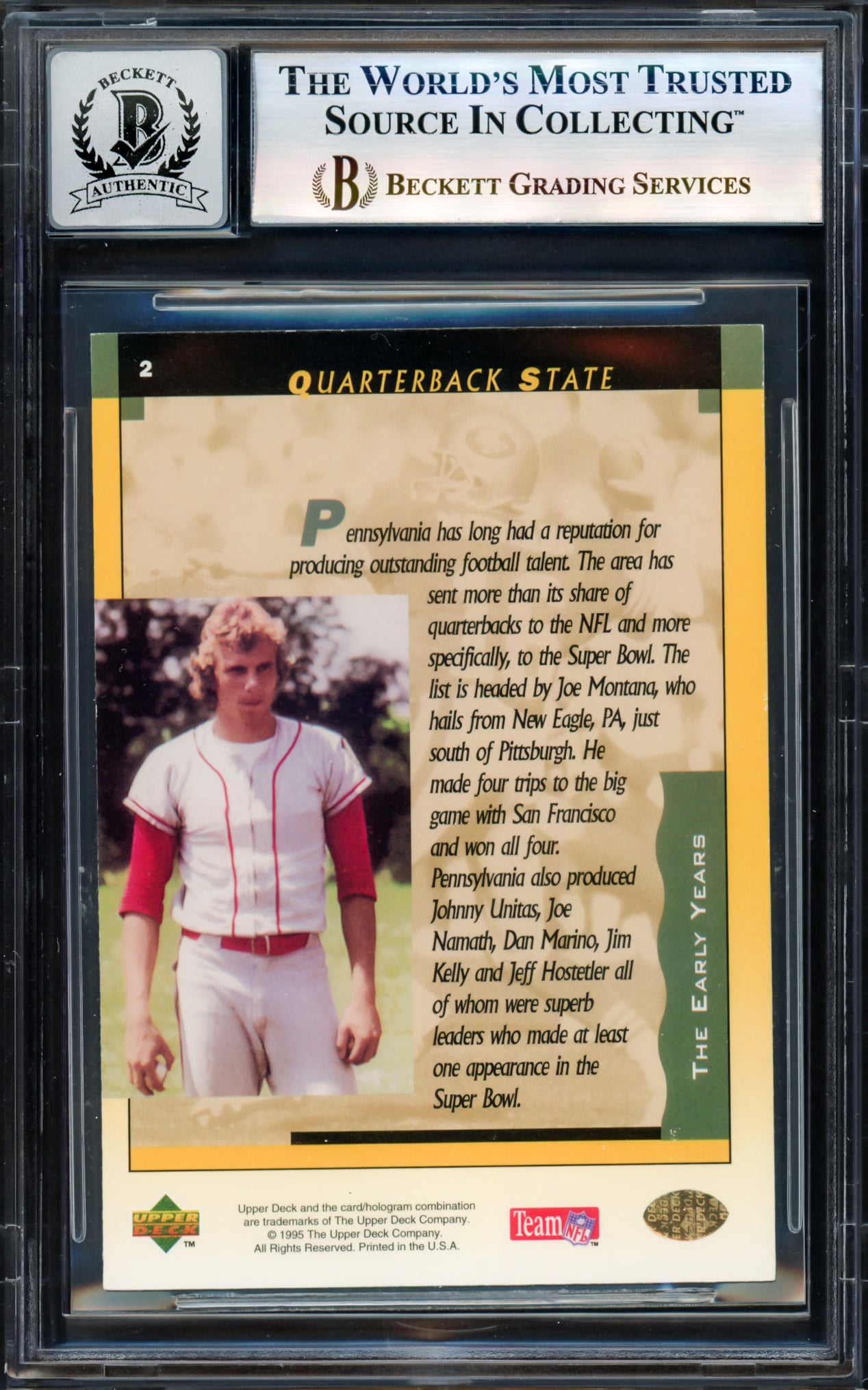 Joe Montana Autographed 1995 Upper Deck Card #2 San Francisco 49ers Auto Grade Gem Mint 10 Beckett BAS #17604107