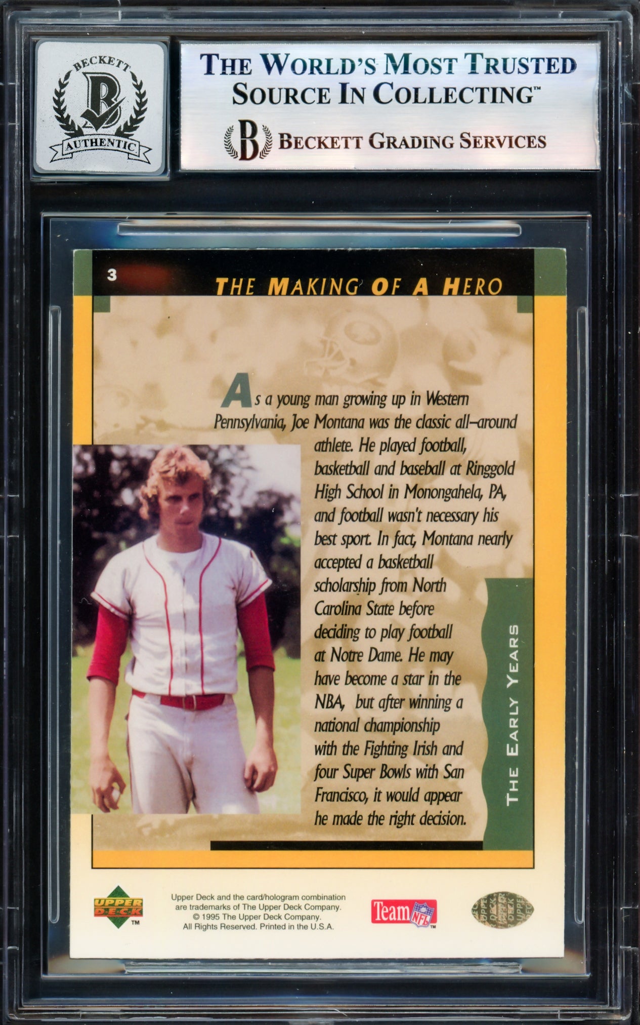 Joe Montana Autographed 1995 Upper Deck Card #3 San Francisco 49ers Auto Grade Gem Mint 10 Beckett BAS #17604111