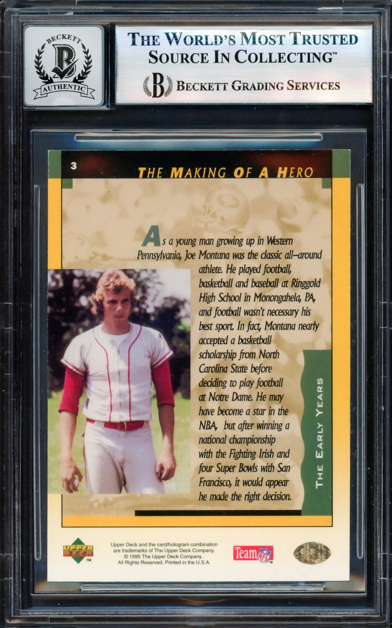 Joe Montana Autographed 1995 Upper Deck Card #3 San Francisco 49ers Auto Grade Gem Mint 10 Beckett BAS #17604110