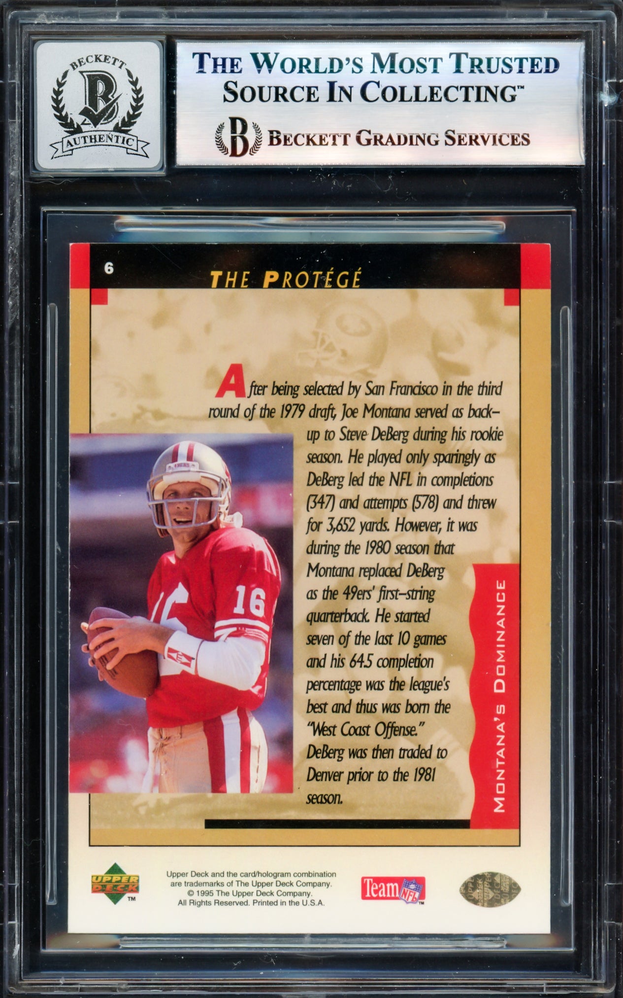 Joe Montana Autographed 1995 Upper Deck Card #6 San Francisco 49ers Auto Grade Gem Mint 10 Beckett BAS #17604132