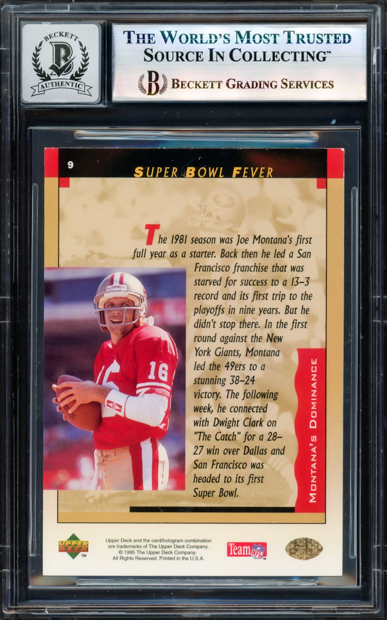 Joe Montana Autographed 1995 Upper Deck Card #9 San Francisco 49ers Auto Grade Gem Mint 10 Beckett BAS #17604139